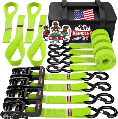 Miniatura 7 de Vehiclex Correas de amarre de trinquete para motocicleta con bucles suaves - 4PK Kit de servicio pesado de 1.5" x 8ft, resistencia de rotura de Negro