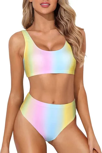 Miniatura 5 de Tempt Me Bikini de dos piezas con cuello redondo para mujer, traje de baño de corte alto, traje de baño deportivo de cintura alta con parte inferior