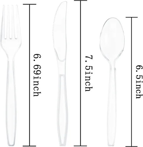 Miniatura 8 de Liacere 360 piezas de cubiertos de plástico transparente resistente, 150 tenedores, 150 cucharas, 60 cuchillos, libres de BPA, resistentes al calor