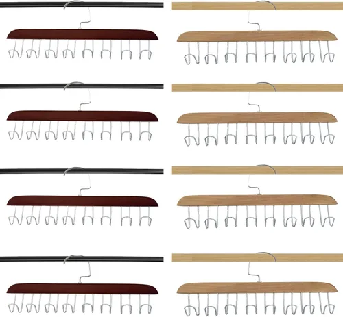 Miniatura 8 de 4 soportes de madera para cinturones, colgador multifuncional para cinturón de madera con 8 ganchos de metal, organizador de perchas de madera