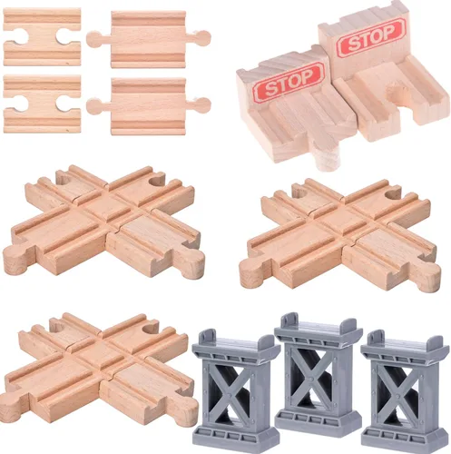Juego de 12 pistas de tren de madera, pistas de bache macho-macho, hembra-hembra, pista de muelle de puente (color aleatorio), pistas cruzadas y