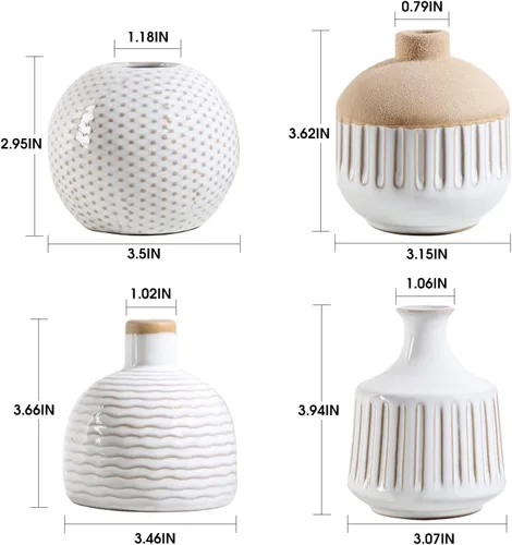Miniatura 5 de Juego de 4 jarrones pequeños de cerámica minimalista boho para dormitorio, sala de estar, oficina, chimenea, centro de mesa, jarrones blancos Antiguo