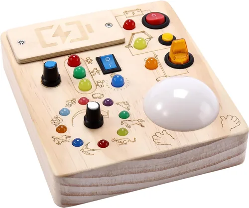 Tablero de actividades para niños pequeños, juguete Montessori con luz de grifo, tablero de madera de 6.9 x 5.9 pulgadas con semáforo LED para