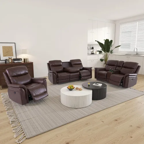 Miniatura 14 de Juego de sofá reclinable eléctrico de cuero con LED, juego de muebles de sala de estar, juego de sofá de cuero con puerto USB, consola