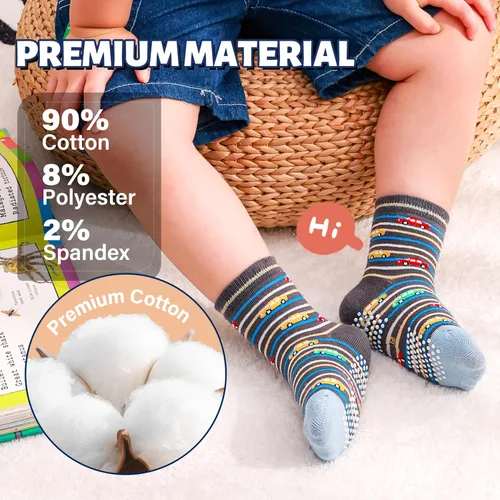 Miniatura 6 de ANTSANG - Calcetines antideslizantes para niños pequeños con agarre, para niños y niñas, diseños divertidos de autos y dinosaurios, 12 pares