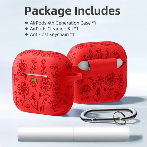 Miniatura 8 de DaQin Funda protectora de silicona suave para Airpods 4, con grabado de flores, compatible con Apple Airpods de 4ª generación, con kit limpiador
