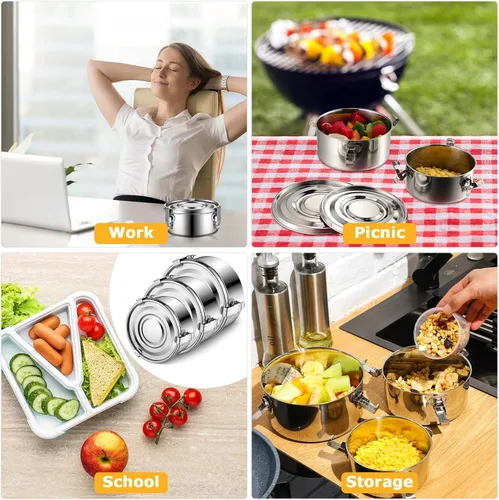 Miniatura 7 de Zopeal 6 recipientes de acero inoxidable para almacenamiento de alimentos con tapas, a prueba de fugas, de metal, apilables, reutilizables