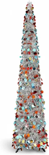 Miniatura 11 de Aoriher Árbol de Navidad de Oropel Verde Preiluminado Emergente de 5 pies, Decoración Reutilizable Plegable Artificial con Lentejuelas, Árbol