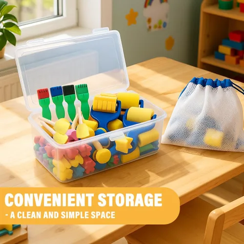 Miniatura 6 de Paquete de 53 pinceles de esponja para pintura, pinceles de pintura lavables, juego de pintura para niños pequeños, rodillo de espuma de aprendizaje