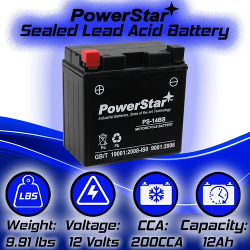 Miniatura 3 de PowerStar YTX14-BS, YTX14, KMX14-BS, FTX14-BS Batería de repuesto 200cca Alto rendimiento WP14-BS sellado AGM para Powersports
