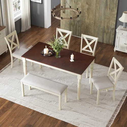 Miniatura 8 de AMERLIFE Juego de mesa de comedor de 6 piezas estilo granja, mesa de madera maciza de 152 cm con 4 sillas tapizadas y banco, asientos cómodos