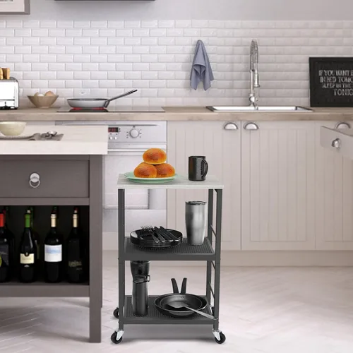 Miniatura 2 de MOOACE Mesa auxiliar rústica de 3 niveles con rueda, mesa de noche con estante de almacenamiento para dormitorio, cocina, sala de estar y oficina