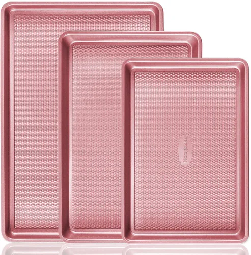 Miniatura 12 de HONGBAKE Juego de 3 bandejas antiadherentes de cerámica para horno, no tóxicas de medio cuarto/gelatina con textura de diamante, bandejas
