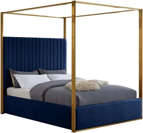Miniatura 7 de Meridian Furniture JonesBlack-Q Jones Collection Modern Cama Queen tapizada contemporánea, terciopelo negro, acolchado de canal, marco de latón