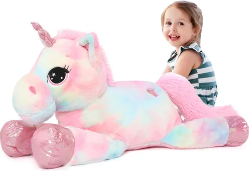 Miniatura 11 de Tezituor Juguetes de peluche de unicornio grande de 43 pulgadas, animales de peluche de unicornio blanco hueso, bonitas decoraciones de cumpleaños