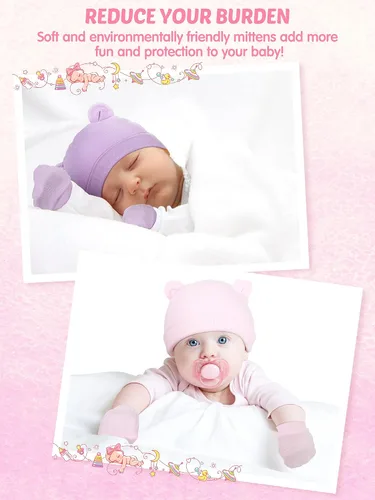Miniatura 6 de Geyoga Juego de 12 guantes para recién nacido, gorro de algodón para bebés de 0 a 12 meses