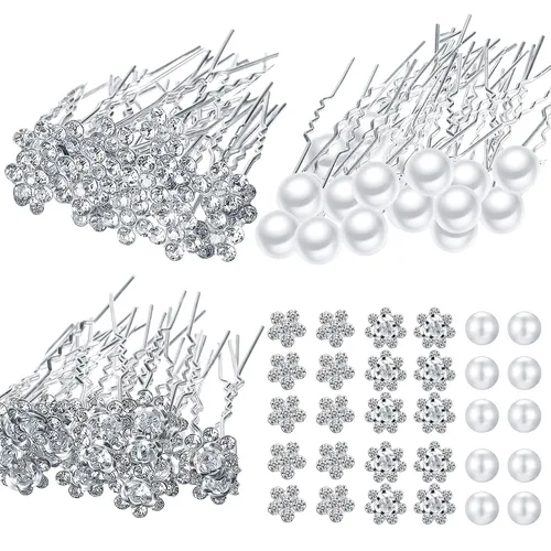60 horquillas para el pelo de boda para novia, perlas plateadas, diamantes de imitación, flor de cristal, clips en forma de U, joyería de diamante,