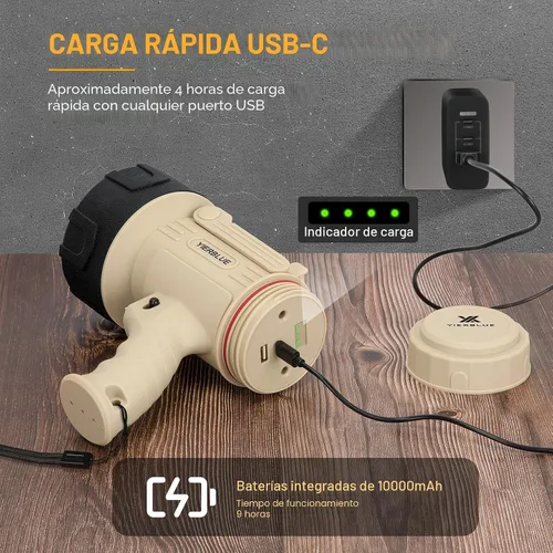 Miniatura 5 de YIERBLUE Linterna de Foco Recargable con LED de 1000000 Altos Lúmenes, Foco de Largo Alcance Impermeable IP67, Foco de Mano Resistente a Impactos