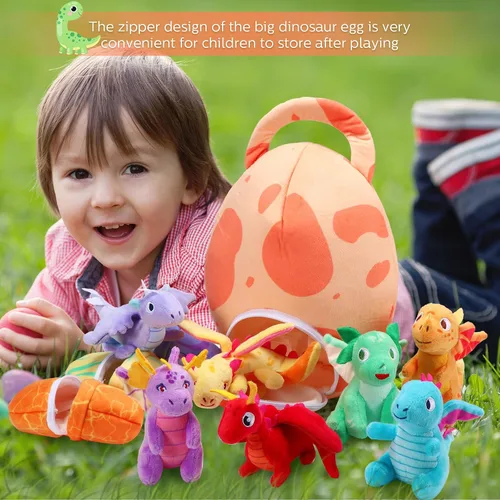 Miniatura 5 de Zhanmai 11 piezas de juguete de peluche de dinosaurio de Pascua pequeño dino de peluche y bolsa de huevos conjunto de animales de peluche lindos