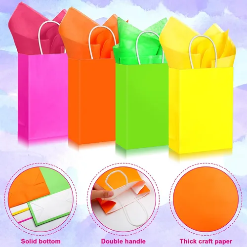 Miniatura 4 de Sherr Paquete de 24 bolsas de regalo de neón con papel de seda de 5.91 x 3.15 x 8.27 pulgadas, coloridas bolsas de papel arcoíris con asas, bolsas