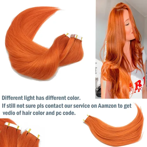 Miniatura 3 de Extensiones de cabello con cinta adhesiva en cabello humano grueso naranja de 18 pulgadas