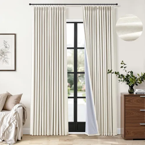 Miniatura 25 de Cortinas opacas plisadas de lino beige y blanco de 90 pulgadas de largo para dormitorio o sala de estar, juego de 2 paneles, oscurecimiento