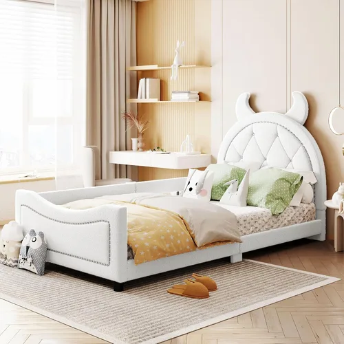 Miniatura 15 de Quarte Sofá cama tapizado de tamaño individual con cabecero clásico en forma de rayas, bonita cama de plataforma para niños y niñas
