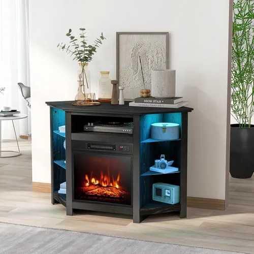 Miniatura 2 de COSTWAY Soporte de TV de esquina con chimenea eléctrica con luces LED de 16 colores, 3 brillos, control remoto y aplicación, moderno centro de Negro