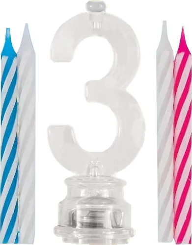 Juego de velas y número iluminado multicolor para torta de cumpleaños, 5 unidades, 3, Multicolor