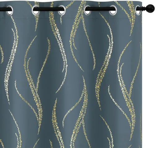 Miniatura 15 de Yakamok Cortinas opacas de 84 pulgadas de largo para sala de estar, con aislamiento térmico, patrón de líneas onduladas doradas, patrón de puntos