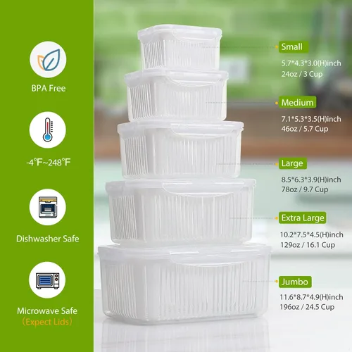 Miniatura 2 de LUXEAR 5 paquetes de contenedores de almacenamiento de frutas y verduras con tapa y colador, color blanco y verde