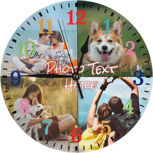 Reloj personalizado personalizado relojes de pared personalizados tus 4 fotos nombre de texto silencioso 10 pulgadas, PVC, placa de marcación