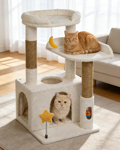 Bonita torre para gatos de interior de 32 pulgadas con condominio para gatos, plataforma de felpa, hamaca, postes rascadores de sisal, bola
