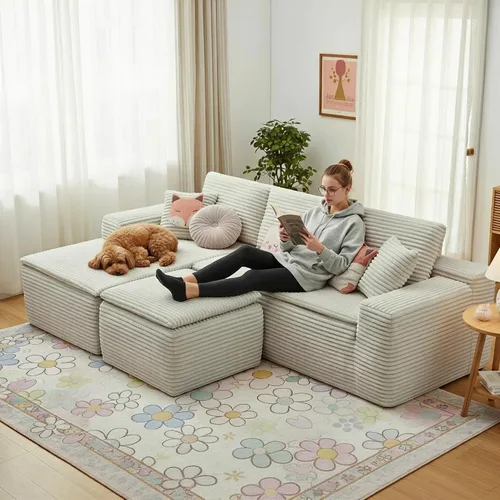 Miniatura 17 de Sofá modular de nube, sofá seccional sin hueso para sala de estar, sofá de espuma viscoelástica de tela de pana, sin montaje, de lujo, moderno