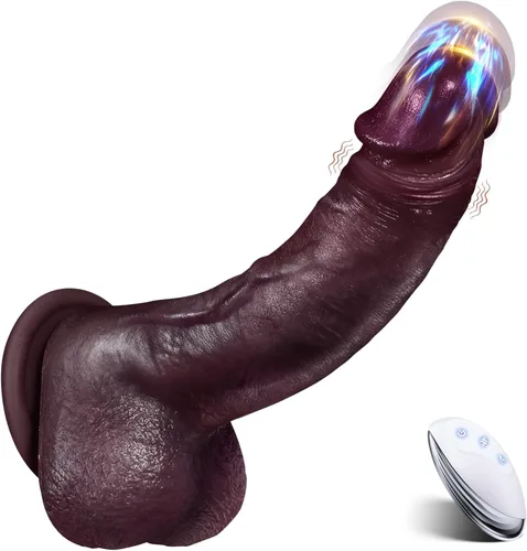 Consoladro Vibrador de Empuje Negro Realista, Consoladores de Silicona Calentados y Realistas con 10 Modos de Empuje y 10 Modos de Vibración para
