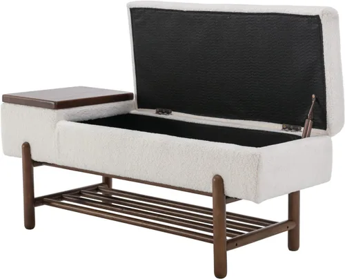 Miniatura 7 de ROCITY Banco de sherpa beige para dormitorio, extremo de la cama, banco otomano tapizado con asiento acolchado para sala de estar, entrada, lana