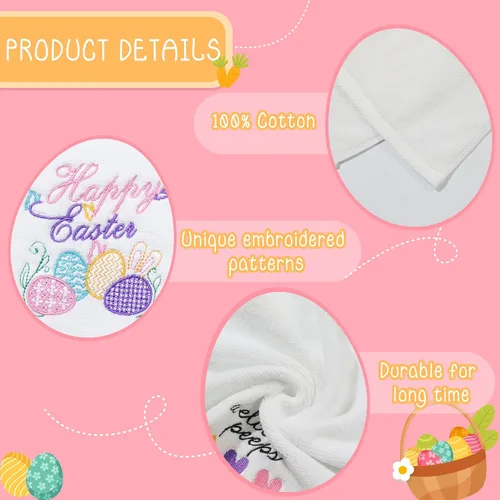 Miniatura 4 de Juego de 2 toallas de mano de Pascua 100 % algodón bordadas con diseño de conejo de Pascua decorativo para baño, cocina, juego de 2 toallas de 14 x