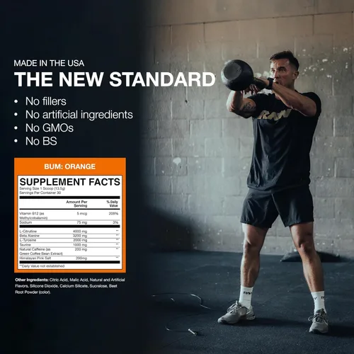 Miniatura 5 de RAW Essential - Polvo preentrenamiento (naranja) - Suplemento deportivo de Chris Bumstead para hombres y mujeres - Polvo energético preentrenamiento