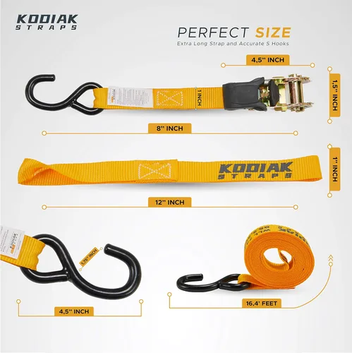 Miniatura 3 de KODIAK STRAPS Juego de correas de trinquete resistentes con 2200 correas de amarre de resistencia a la rotura 1 pulgada x 17 pies, paquete de 4