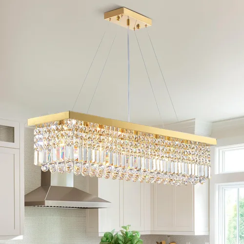 Miniatura 11 de Siljoy Candelabro de Cristal Moderno de 6 Luces Rectangular Dorado K9 Candelabro de Cristal en Forma de Gota de Lluvia para Comedor, Lámpara