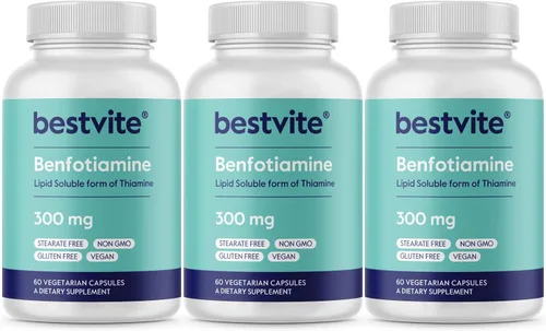BESTVITE Benfotiamina 300 mg (180 cápsulas vegetarianas) (60 x 3) sin estearatos - sin dióxido de silicio - vegano - sin OMG - Sin gluten