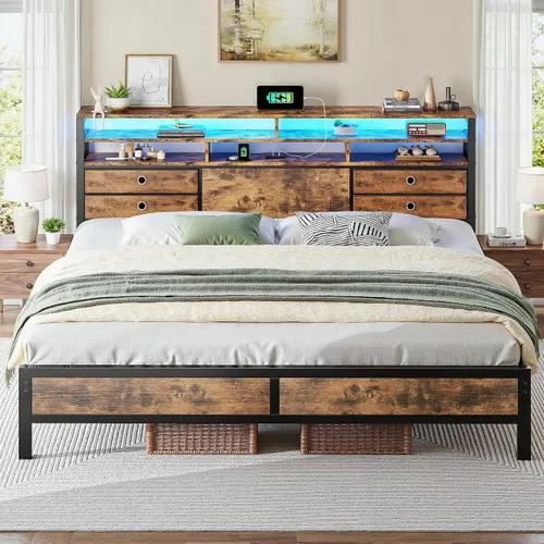 Miniatura 10 de Homkdom Base de cama de tamaño matrimonial con cabecera de almacenamiento de 3 niveles y 4 cajones, marco de cama matrimonial con luces LED
