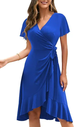 OWIN Vestido de verano casual de manga corta para mujer, vestido de fiesta de cóctel, sexy, cuello en V, volantes, vestido cruzado de trabajo