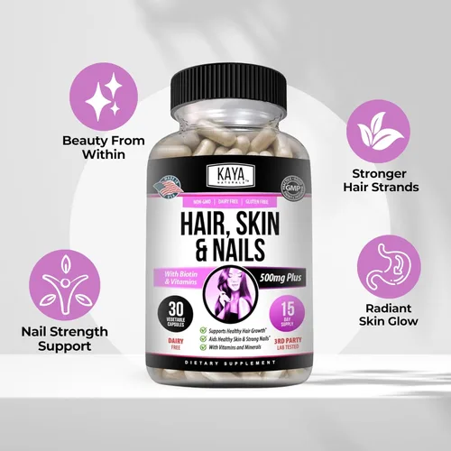 Miniatura 4 de Kaya Naturals Cápsulas de uñas para el cabello y la piel con biotina, vitaminas para el cabello y la piel, vitamina D, vitamina B-12 A, soporte