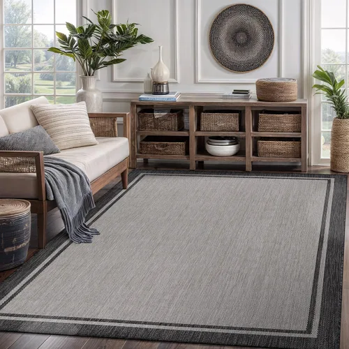 Miniatura 8 de CAMILSON Alfombra para interiores y exteriores, alfombra moderna con borde gris de 6 x 9 pies, para patios interiores y exteriores, alfombras