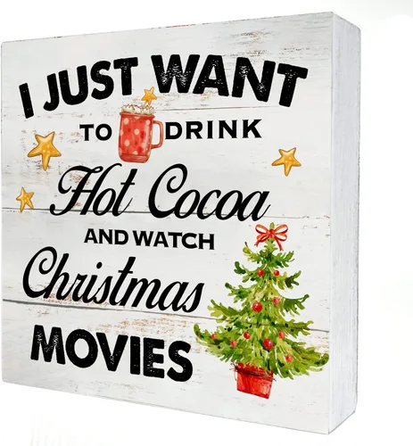 Cartel de madera para cocina de Navidad, decoración del hogar, rústico, con texto en inglés "I Just Want to Drink Watch Christmas Movies", bandeja