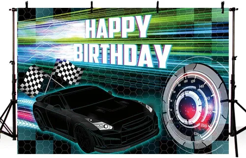Miniatura 3 de MEHOFOND Telón de fondo negro de 7 x 5 pies, decoración de fiesta de carreras para niños, cartel de fiesta de cumpleaños con temática de auto