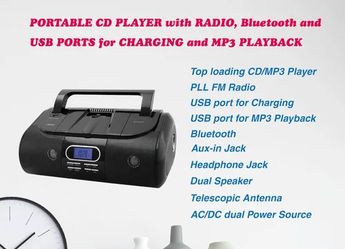 Miniatura 2 de HANNLOMAX Boombox portátil HX-318CD CD/MP3/USB, radio FM PLL, Bluetooth, 1 puerto USB para reproducción de MP3, 1 puerto USB para carga de 1A, Negro