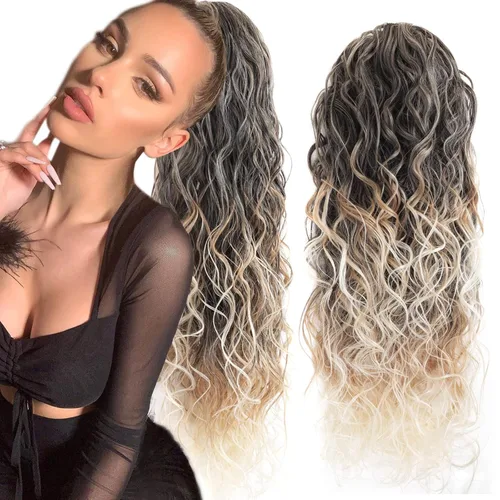 Miniatura 10 de Extensiones de cabello ombré 1B/27, cola de caballo para mujeres negras, extensiones de cola de caballo largas onduladas con cordón, extensiones