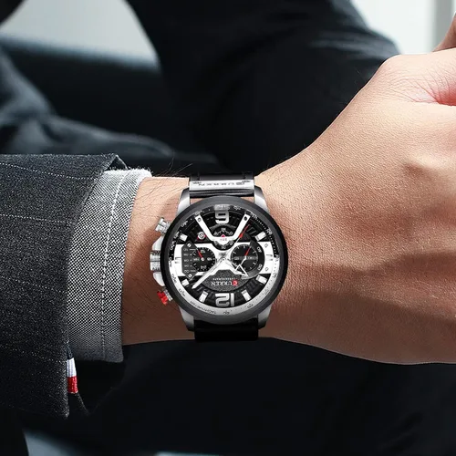 Miniatura 6 de Reloj de pulsera analógico de cuarzo para hombre, cronógrafo, impermeable, correa de cuero, correa de cuero, reloj de pulsera